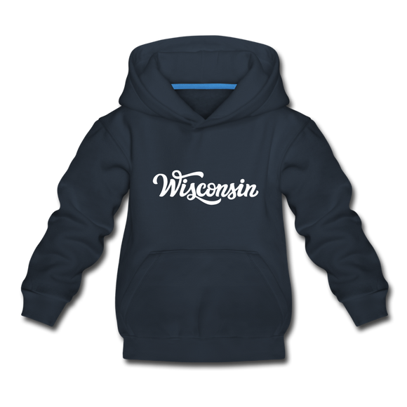 Wisconsin Youth Hoodie - Hand Lettered Youth Wisconsin Hooded Sweatshirt - navy