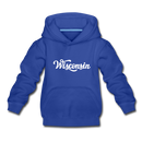 Wisconsin Youth Hoodie - Hand Lettered Youth Wisconsin Hooded Sweatshirt - royal blue