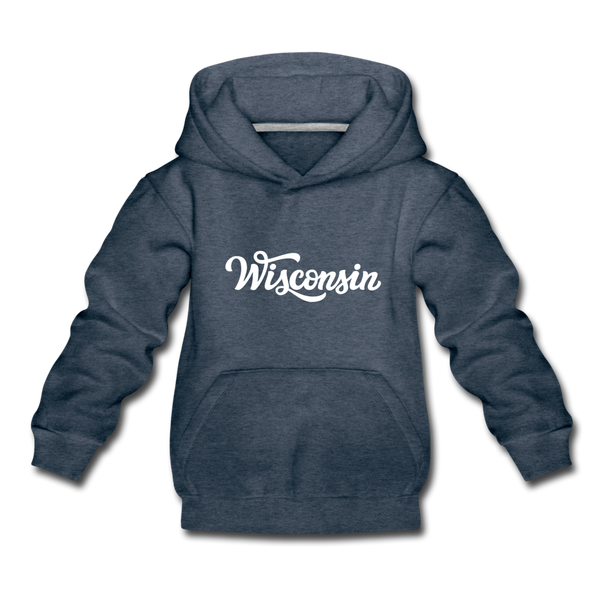 Wisconsin Youth Hoodie - Hand Lettered Youth Wisconsin Hooded Sweatshirt - heather denim