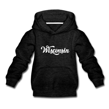 Wisconsin Youth Hoodie - Hand Lettered Youth Wisconsin Hooded Sweatshirt - charcoal gray