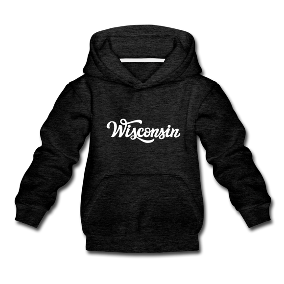 Wisconsin Youth Hoodie - Hand Lettered Youth Wisconsin Hooded Sweatshirt - charcoal gray