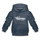 Wyoming Youth Hoodie - Hand Lettered Youth Wyoming Hooded Sweatshirt - heather denim