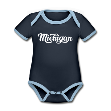 Michigan Baby Bodysuit - Organic Hand Lettered Michigan Baby Bodysuit - navy/sky