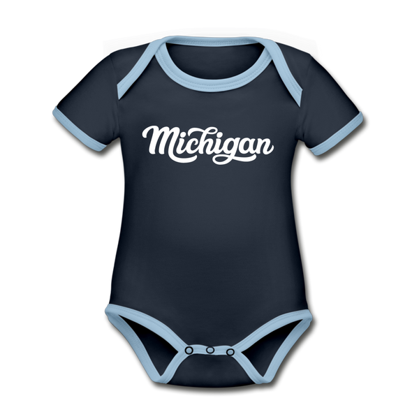 Michigan Baby Bodysuit - Organic Hand Lettered Michigan Baby Bodysuit - navy/sky