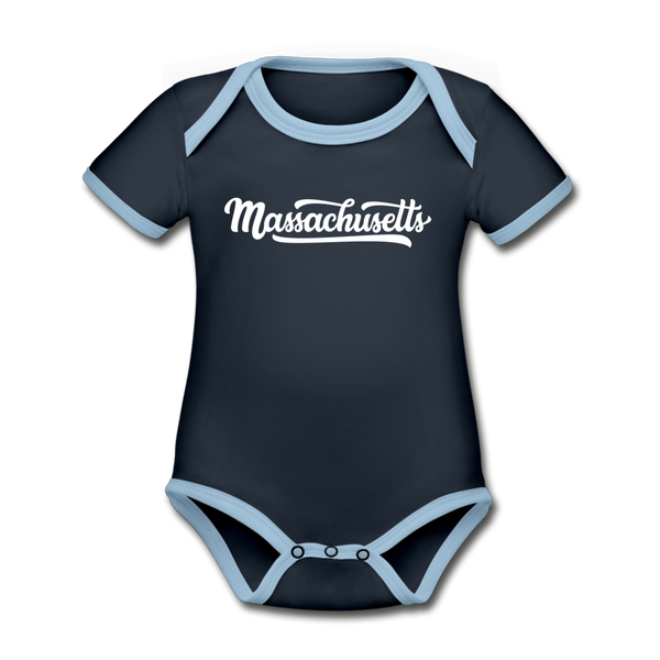 Massachusetts Baby Bodysuit - Organic Hand Lettered Massachusetts Baby Bodysuit - navy/sky