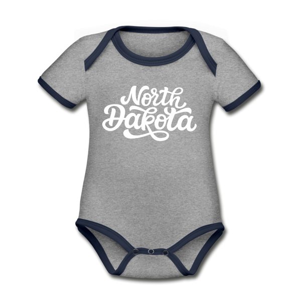 North Dakota Baby Bodysuit - Organic Hand Lettered North Dakota Baby Bodysuit - heather gray/navy