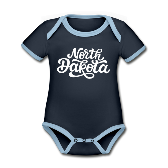North Dakota Baby Bodysuit - Organic Hand Lettered North Dakota Baby Bodysuit - navy/sky