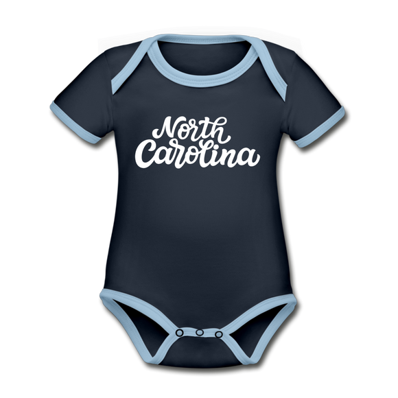 North Carolina Baby Bodysuit - Organic Hand Lettered North Carolina Baby Bodysuit - navy/sky