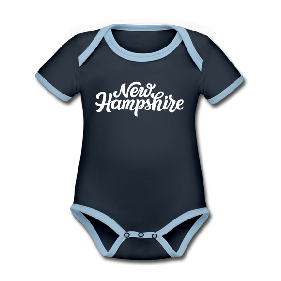 New Hampshire Baby Bodysuit - Organic Hand Lettered New Hampshire Baby Bodysuit - navy/sky
