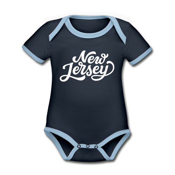 New Jersey Baby Bodysuit - Organic Hand Lettered New Jersey Baby Bodysuit - navy/sky