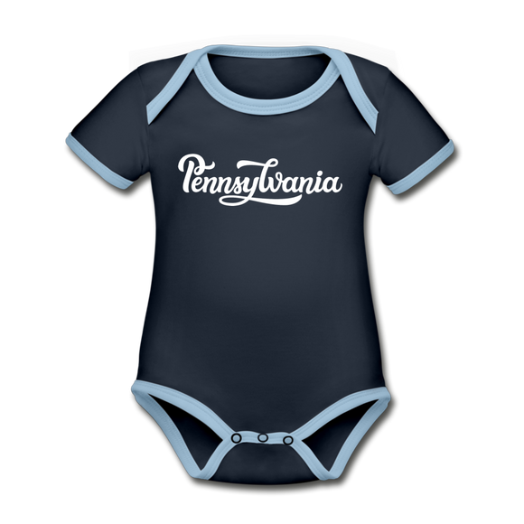 Pennsylvania Baby Bodysuit - Organic Hand Lettered Pennsylvania Baby Bodysuit - navy/sky