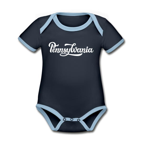 Pennsylvania Baby Bodysuit - Organic Hand Lettered Pennsylvania Baby Bodysuit - navy/sky