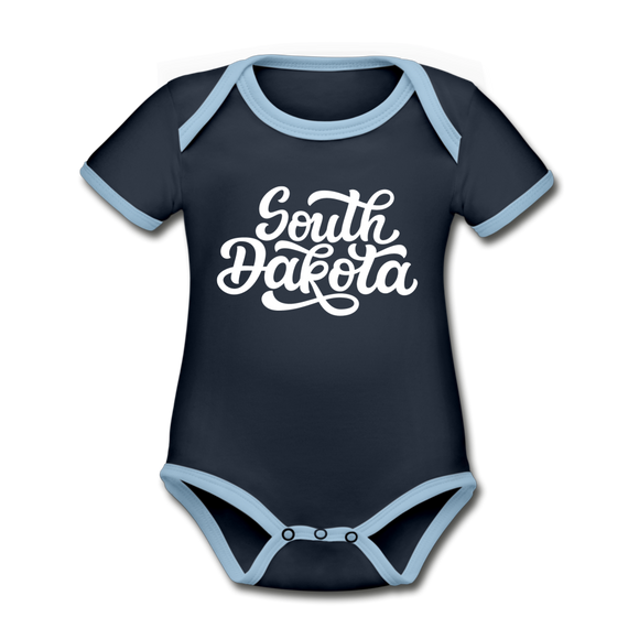 South Dakota Baby Bodysuit - Organic Hand Lettered South Dakota Baby Bodysuit - navy/sky