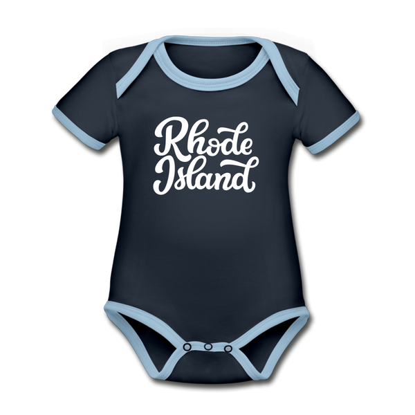 Rhode Island Baby Bodysuit - Organic Hand Lettered Rhode Island Baby Bodysuit - navy/sky