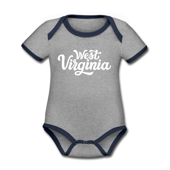 West Virginia Baby Bodysuit - Organic Hand Lettered West Virginia Baby Bodysuit - heather gray/navy