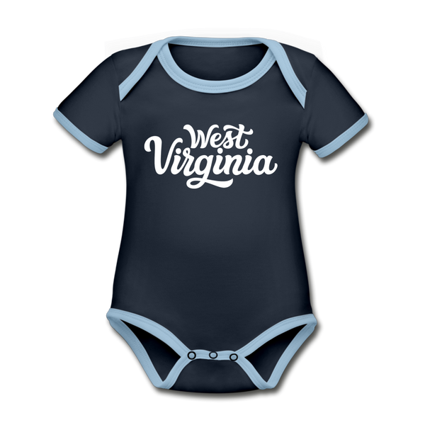 West Virginia Baby Bodysuit - Organic Hand Lettered West Virginia Baby Bodysuit - navy/sky