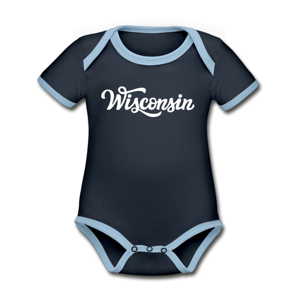 Wisconsin Baby Bodysuit - Organic Hand Lettered Wisconsin Baby Bodysuit - navy/sky