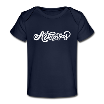 Arkansas Baby T-Shirt - Organic Hand Lettered Arkansas Infant T-Shirt - dark navy