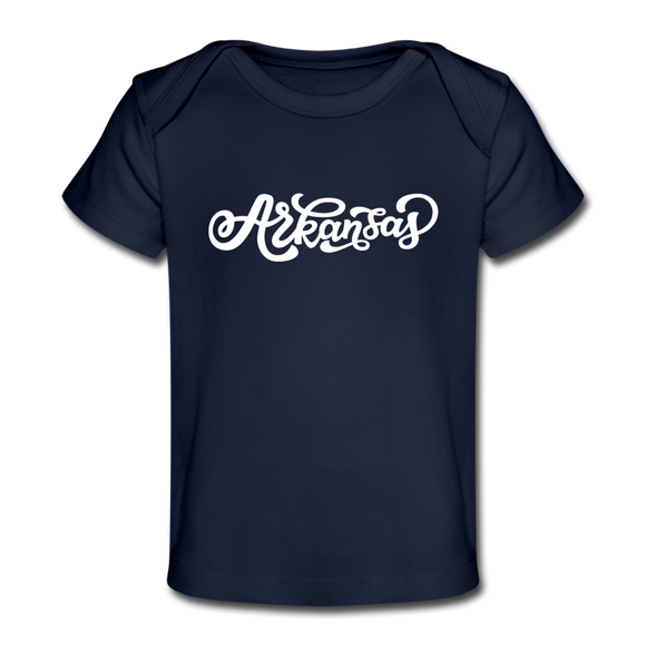 Arkansas Baby T-Shirt - Organic Hand Lettered Arkansas Infant T-Shirt - dark navy
