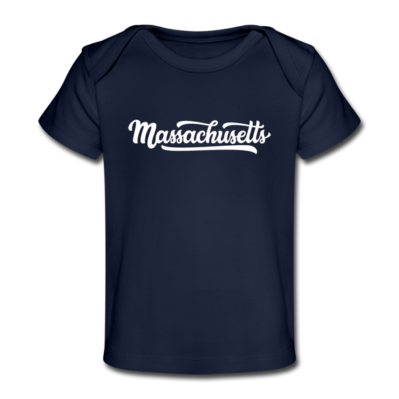 Massachusetts Baby T-Shirt - Organic Hand Lettered Massachusetts Infant T-Shirt - dark navy