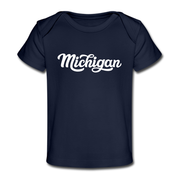 Michigan Baby T-Shirt - Organic Hand Lettered Michigan Infant T-Shirt - dark navy