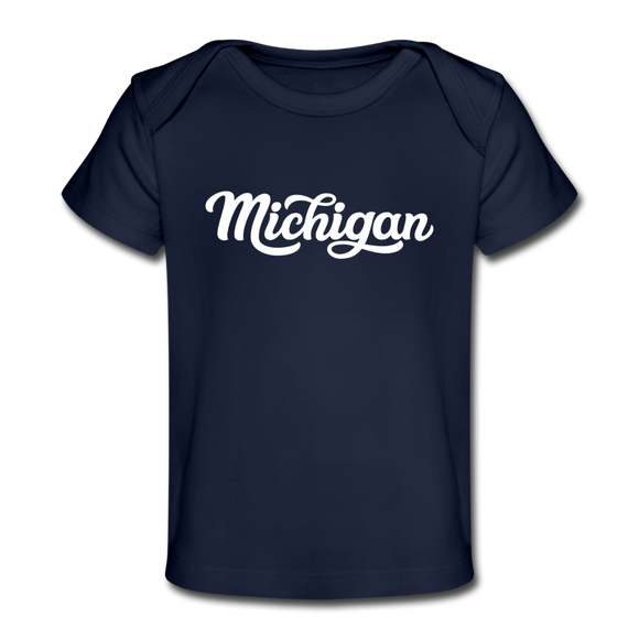 Michigan Baby T-Shirt - Organic Hand Lettered Michigan Infant T-Shirt - dark navy