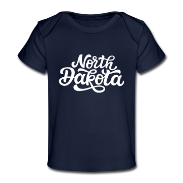 North Dakota Baby T-Shirt - Organic Hand Lettered North Dakota Infant T-Shirt - dark navy