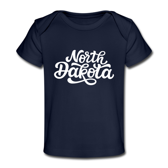 North Dakota Baby T-Shirt - Organic Hand Lettered North Dakota Infant T-Shirt - dark navy