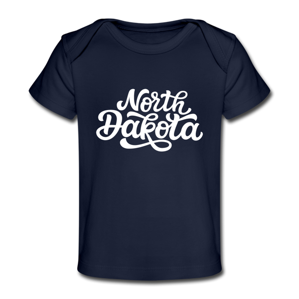 North Dakota Baby T-Shirt - Organic Hand Lettered North Dakota Infant T-Shirt - dark navy