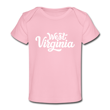 West Virginia Baby T-Shirt - Organic Hand Lettered West Virginia Infant T-Shirt - light pink