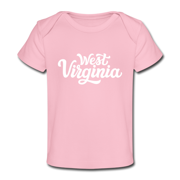 West Virginia Baby T-Shirt - Organic Hand Lettered West Virginia Infant T-Shirt - light pink