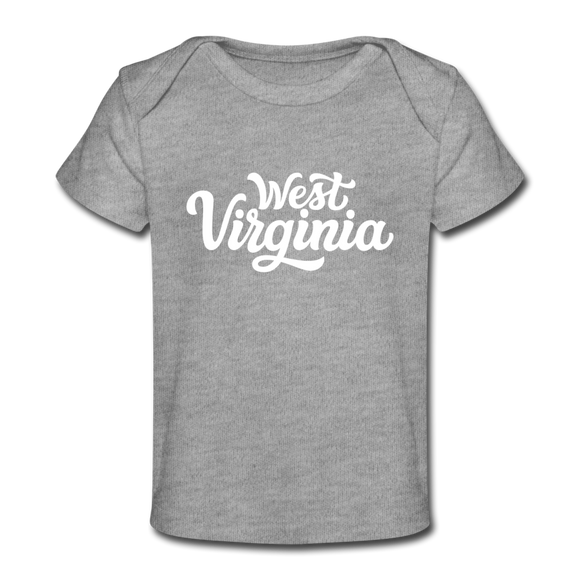 West Virginia Baby T-Shirt - Organic Hand Lettered West Virginia Infant T-Shirt - heather gray