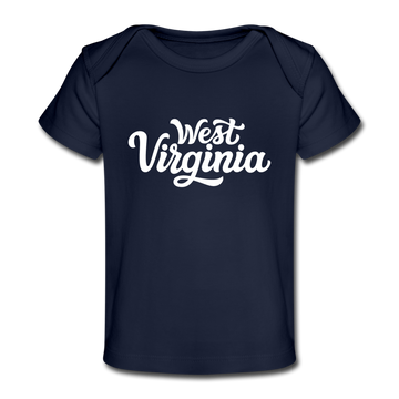 West Virginia Baby T-Shirt - Organic Hand Lettered West Virginia Infant T-Shirt - dark navy