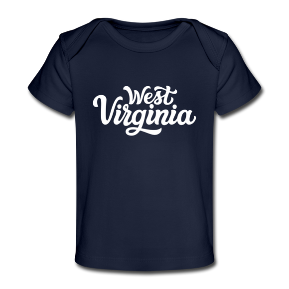 West Virginia Baby T-Shirt - Organic Hand Lettered West Virginia Infant T-Shirt - dark navy