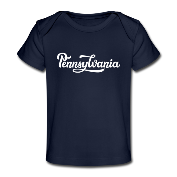 Pennsylvania Baby T-Shirt - Organic Hand Lettered Pennsylvania Infant T-Shirt - dark navy