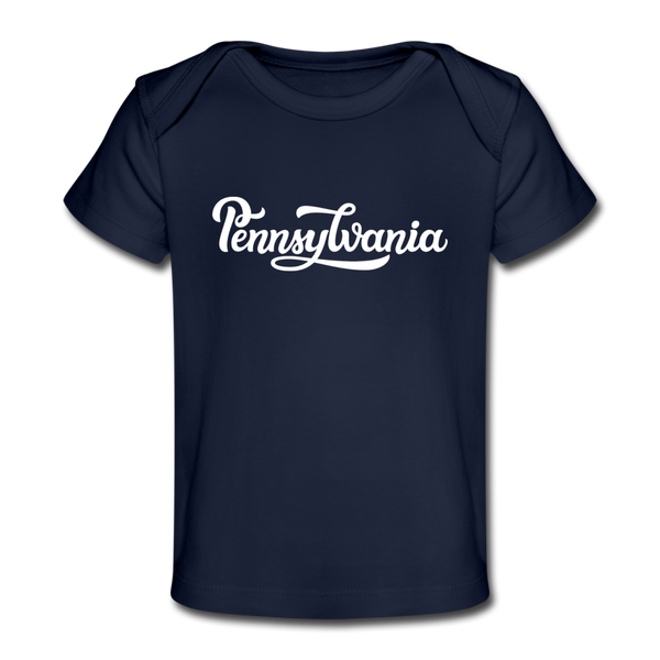 Pennsylvania Baby T-Shirt - Organic Hand Lettered Pennsylvania Infant T-Shirt - dark navy