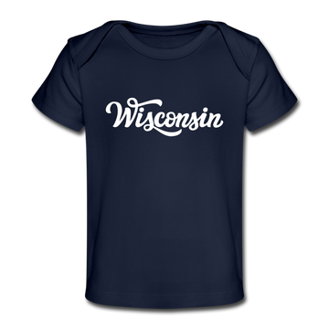 Wisconsin Baby T-Shirt - Organic Hand Lettered Wisconsin Infant T-Shirt - dark navy