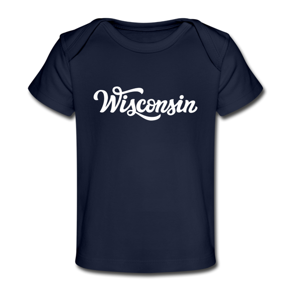 Wisconsin Baby T-Shirt - Organic Hand Lettered Wisconsin Infant T-Shirt - dark navy