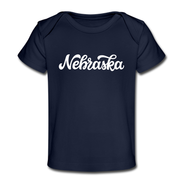 Nebraska Baby T-Shirt - Organic Hand Lettered Nebraska Infant T-Shirt - dark navy