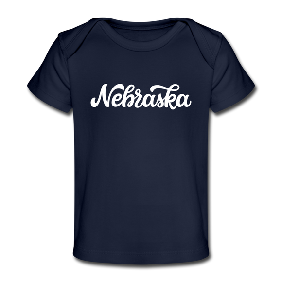 Nebraska Baby T-Shirt - Organic Hand Lettered Nebraska Infant T-Shirt - dark navy