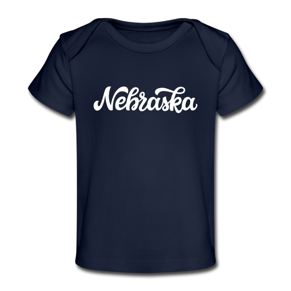 Nebraska Baby T-Shirt - Organic Hand Lettered Nebraska Infant T-Shirt - dark navy
