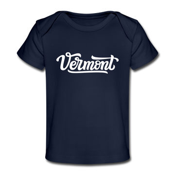 Vermont Baby T-Shirt - Organic Hand Lettered Vermont Infant T-Shirt - dark navy