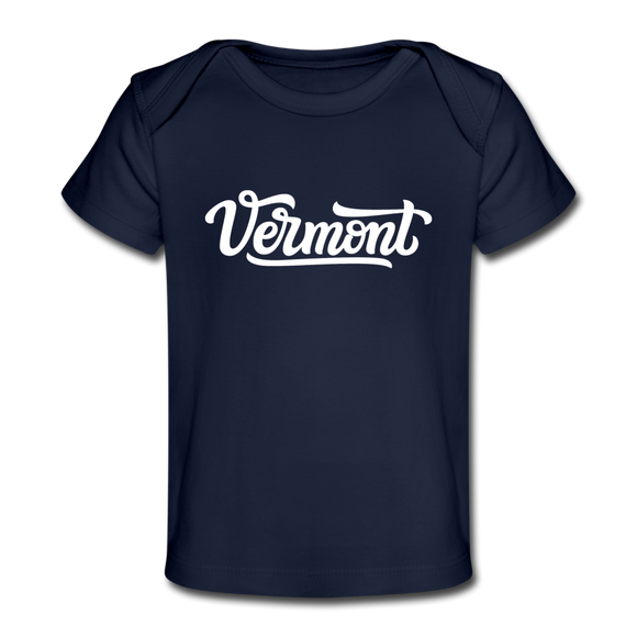 Vermont Baby T-Shirt - Organic Hand Lettered Vermont Infant T-Shirt - dark navy