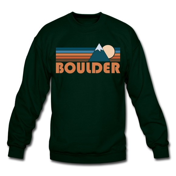 Boulder, Colorado Sweatshirt - Retro Mountain Boulder Crewneck Sweatshirt - forest green