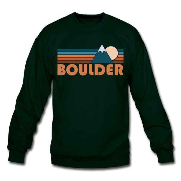 Boulder, Colorado Sweatshirt - Retro Mountain Boulder Crewneck Sweatshirt - forest green