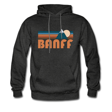 Banff, Canada Hoodie - Retro Mountain Banff Crewneck Hooded Sweatshirt - charcoal gray