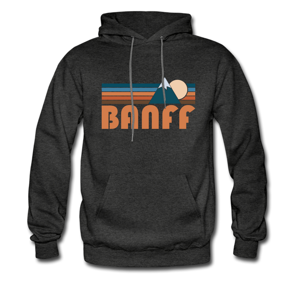 Banff, Canada Hoodie - Retro Mountain Banff Crewneck Hooded Sweatshirt - charcoal gray