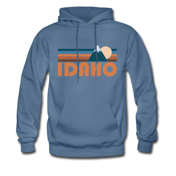Idaho Hoodie - Retro Mountain Idaho Crewneck Hooded Sweatshirt - denim blue
