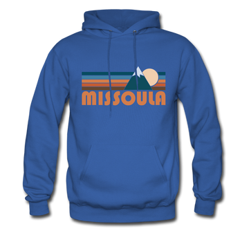 Missoula, Montana Hoodie - Retro Mountain Missoula Crewneck Hooded Sweatshirt - royal blue