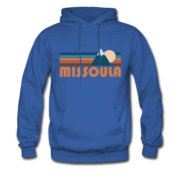 Missoula, Montana Hoodie - Retro Mountain Missoula Crewneck Hooded Sweatshirt - royal blue